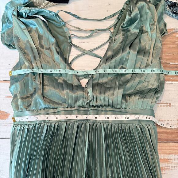 Lulus Exceptional Drama Sage Green Satin Lace-Up Pleated Maxi Dress - Picture 5 of 10
